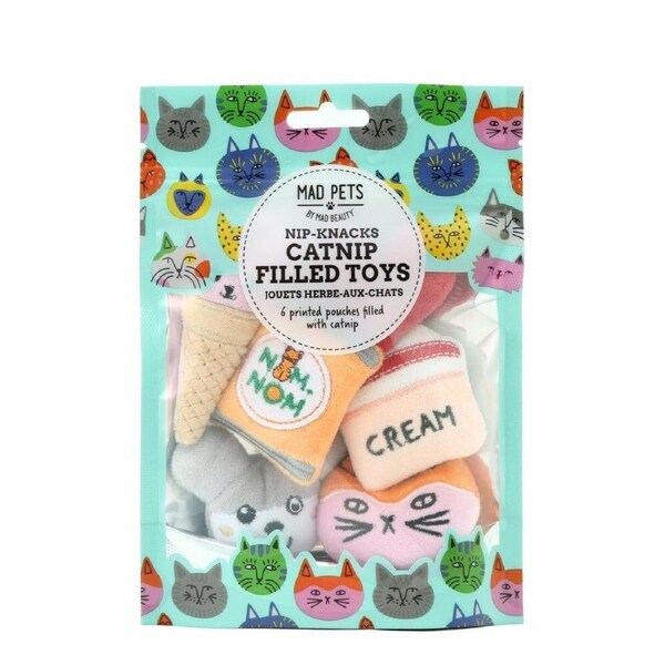 6pc Mad Pets Nip-Knacks Catnip Filled Cat Play Toys Set Printed