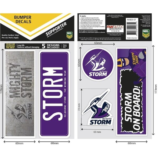NRL Bumper Decal Sheet Set - Melbourne Storm - Team Logo Sticker - 170mm