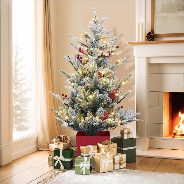 100CM Jingle Jollys Christmas Tree LED Potted Xmas Party Decor Red Barries Flocked