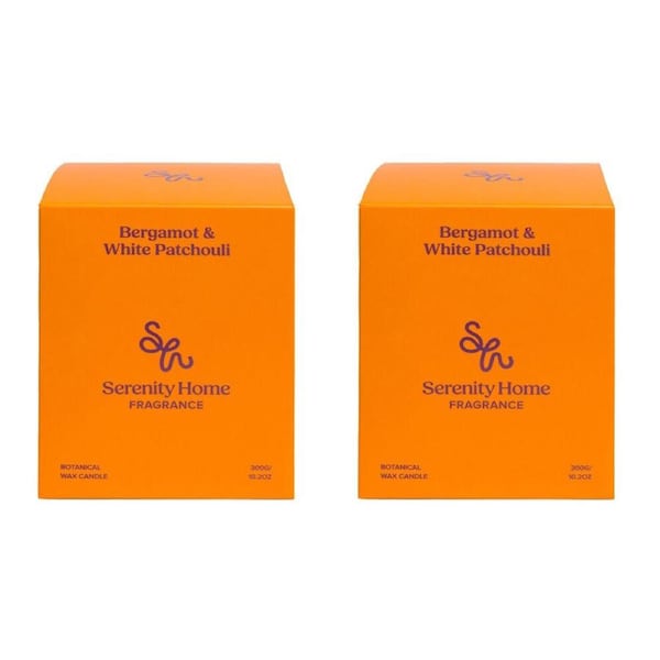 2PK Serenity Bergamot and White Patchouli Scent Home Fragrance Candle Jar 300g