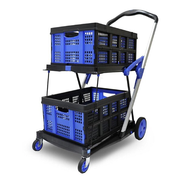 Heavy Duty Foldable Shopping Cart Utility Trolley Multiple Uses Cart with Two Baskets for Shopping Office Warehouse and Hospital