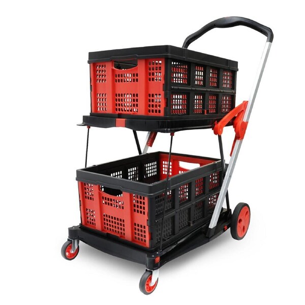 Heavy Duty Shopping Trolley 2-Tier Foldable Utility Cart with Removable Crates Lockable Wheels Foot Brake Swivel Casters Multi-Purpose Rolling Cart for Shopping Office Hospital and Warehouse