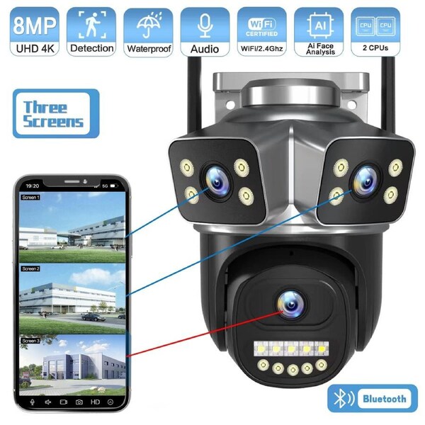Triple Lens HD WiFi Security Camera - PTZ Pan Tilt Zoom Control - Wireless Home Surveillance - Mobile App Remote View - 3-Lens Vision System
