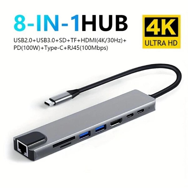 8-in-1 USB-C Hub Adapter with 4K HDMI, 100W PD Fast Charging, RJ45 Ethernet, SD/TF Card Reader, USB 3.0/2.0 for Laptops, MacBook Pro & Air