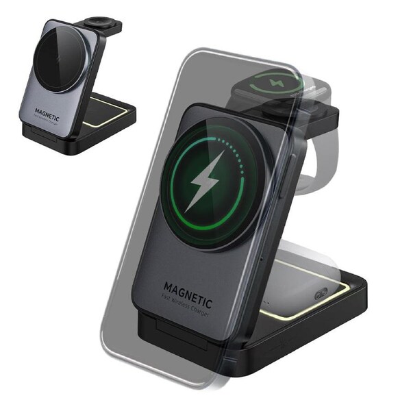 3-in-1 Foldable Wireless Charger Stand Magnetic 15W Fast Charging Station For Apple iWatch iPhone Air Pods Android with Night Light Magsafe Charger