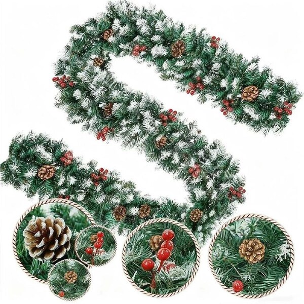 270cm Christmas Garland Artificial Xmas Wreath Tree Decor with Pine and Berries