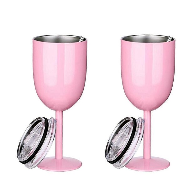 2PCS Insulated Pink Wine Glasses Double Wall Food Grade Stainless Steel Travel Wine Cup with Leak Pr