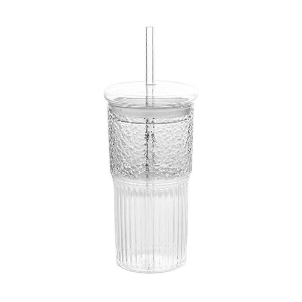 600Ml Glass Cup Milk Coffee Cup with Lid and Straw Glasses Juice Cup