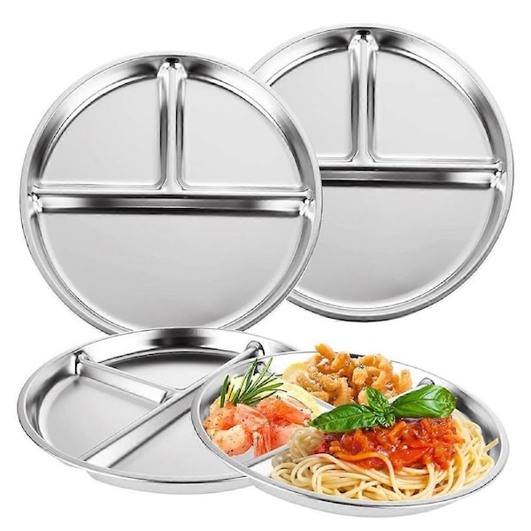 3 Pack Stainless Steel Divided Plates, 3 Compartment Portion Control, 9Inch Reusable Dinner Mini Tra