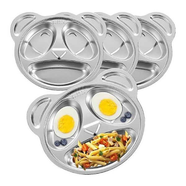 4 Pack Stainless Steel Divided Plates Metal Divided Plates 3 Sections Panda Plates for Picky Eaters
