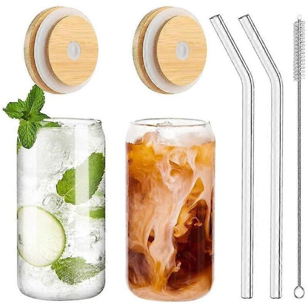 Drinking Glasses with Bamboo Lids and Glass Straw 2PCS Set, 16Oz Can Shaped Glass Cups with Lids and