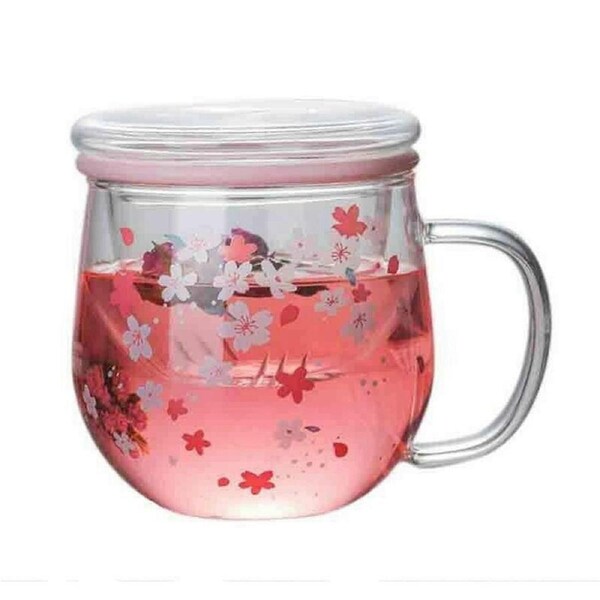 Sakura Mug Glass Mug with Tea Infuser Filter&Lid Cherry Blossoms Cup Set Blossoms Flower Teacup 300M