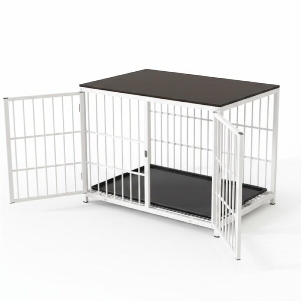 P&P White Walnut Wooden Dog Crate with 3 Doors, Tray and Stylish Furniture End Table