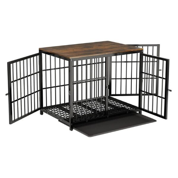 P&P Black Walnut Wooden Dog Crate with 3 Access Doors, Removable Tray and Stylish End Table