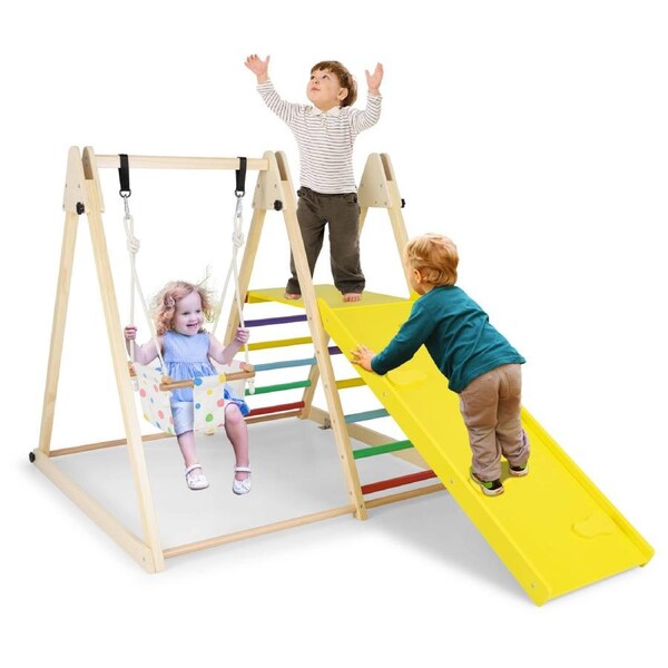 Babyjoy Wooden Climber Playset 4 in 1 Indoor Playground w/Baby Swing & Resting Platform Multicolor