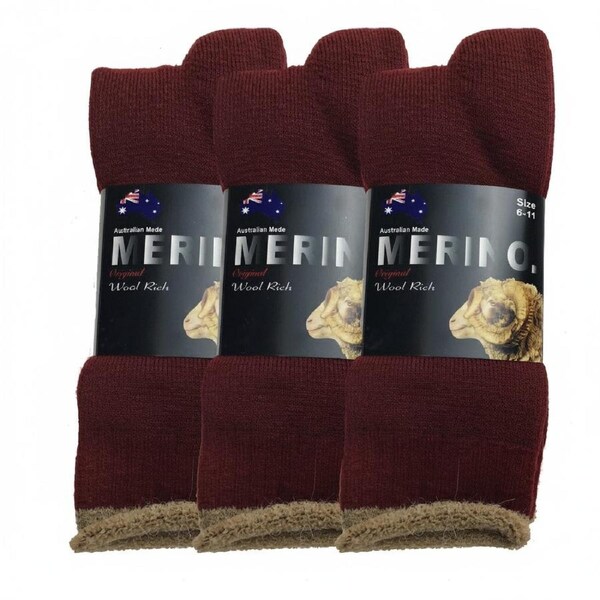 3 Pairs MERINO WOOL SOCKS Mens Heavy Duty Premium Thick Work Socks Cushion - Burgundy - 6-11