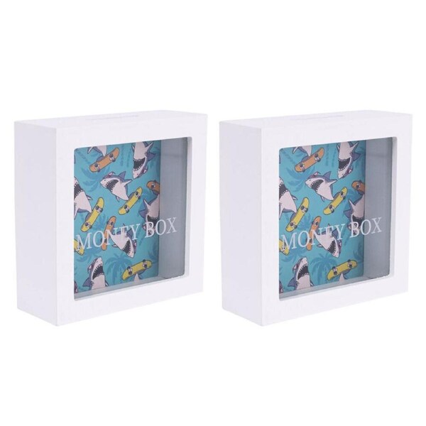 2PK Splosh Kids Shark Clear Acrylic Money Box Coin Piggy Bank 13cm Square