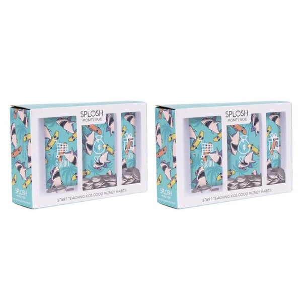 2PK Splosh Kids Shark Spend Save Give Money Box Piggy Bank 20.5cm Rectangle