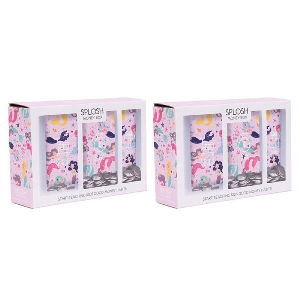 2PK Splosh Kids Mermaid Spend Save Give Money Box Piggy Bank 20.5cm Rectangle