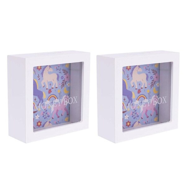 2PK Splosh Kids Unicorn Clear Acrylic Money Box Coin Piggy Bank 13cm Square