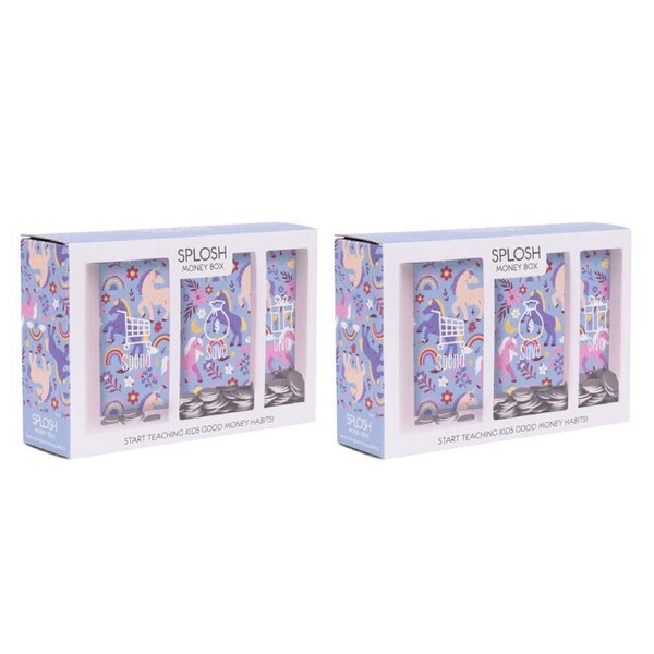 2PK Splosh Kids Unicorn Spend Save Give Money Box Piggy Bank 20.5cm Rectangle