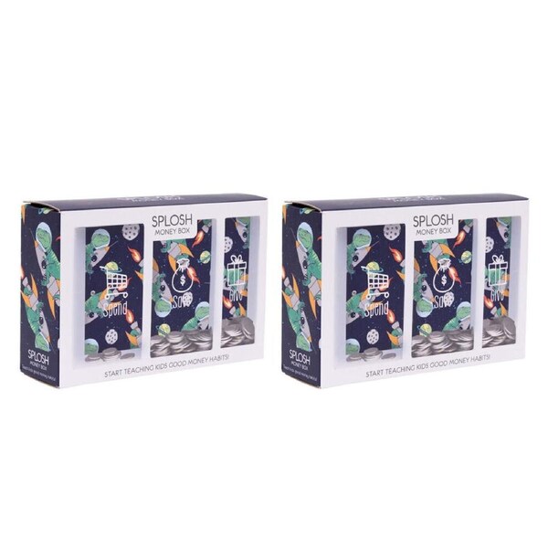 2PK Splosh Kids Dino Spend Save Give Money Box Piggy Bank 20.5cm Rectangle