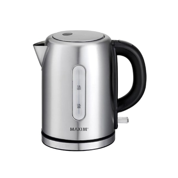 Maxim Brushed Stainless Cordless Kettle 1 Litre Water Level Window 360 Base