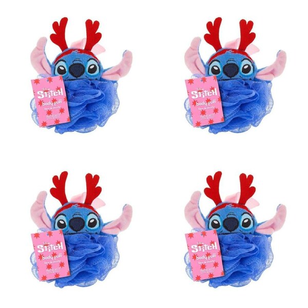4PK Disney Reindeer Stitch at Christmas Shower Loofah Body Cleansing Puff Blue