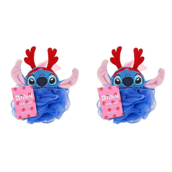 2PK Disney Reindeer Stitch at Christmas Shower Loofah Body Cleansing Puff Blue
