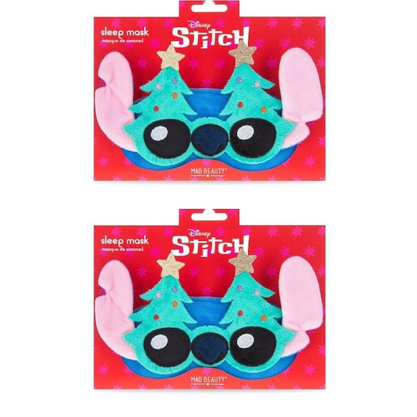 2PK Disney Stitch at Christmas Elasticated Soft Plush Sleep Face Mask Blue
