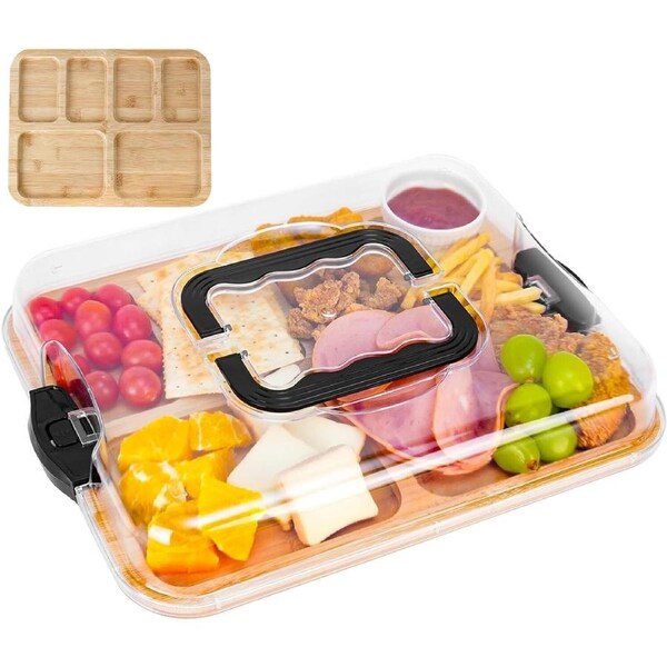 Bamboo Charcuterie Board with Lid & Handle ideal Gift for Kitchen, Party & Picnic (6 Compartments)