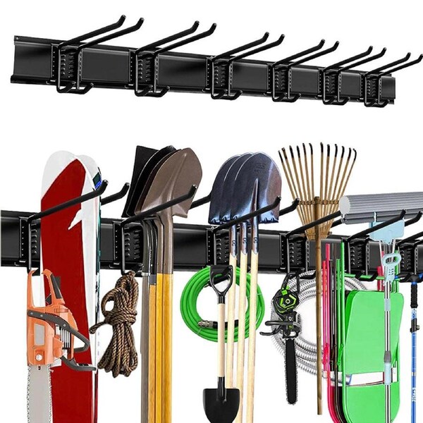 Garage Tool Organizer Heavy Duty Wall Mount Storage Rack Steel Garden Tool Hanger with 6 Removable Hooks for Broom Rake Shovel Yard Tools Max Load 180kg