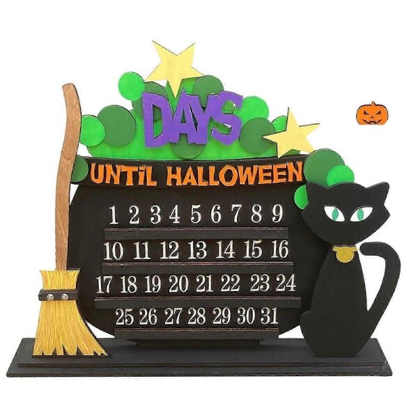 JOYBUY Black Cat Broom Halloween Wooden Countdown Calendar – Festival Home Decoration