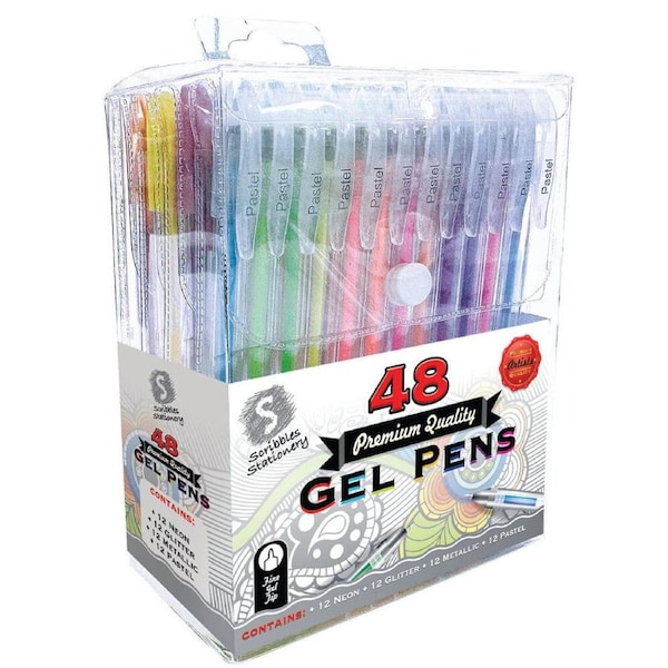 48Pc Scribbles Stationery Gel Pen Set Neon Glitter Metallic Pastel With Case