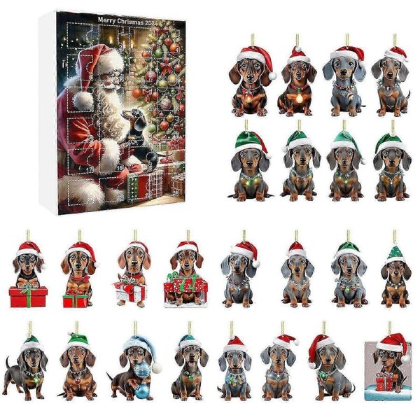 JOYBUY Cartoon Dachshund Ornament Christmas Advent Calendar – 24-Piece Countdown Box