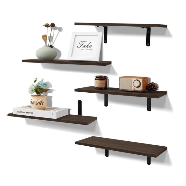 DelSol Floating Shelves Wall Mounted 5pcs Set Rustic Wood Storage Book Shelf (3 Colours) Dark Brown