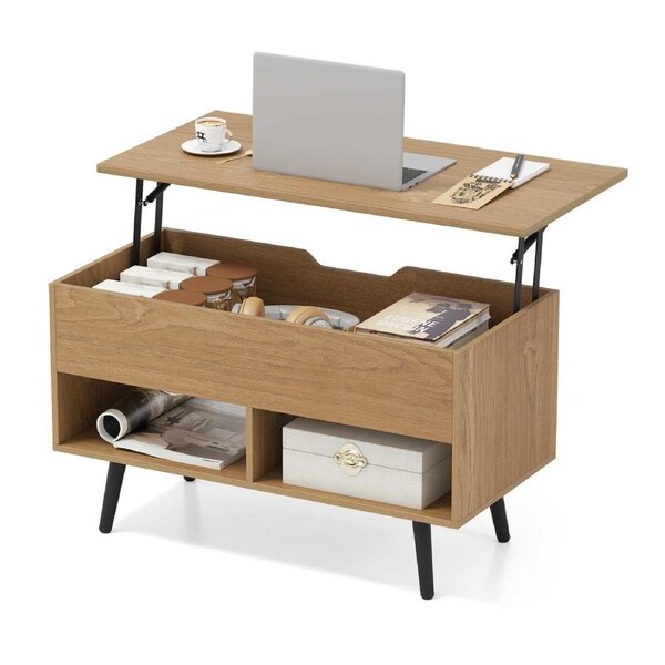 Costway 80cm Lift Top Coffee Table Modern Wooden Dining Table w/Hidden Storage Compartment Natural