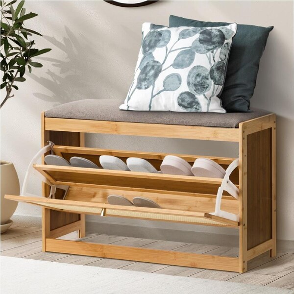 Oikiture Shoe Storage Bench Bamboo 2 in 1 Organiser Shelf with Seat 70cm