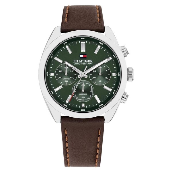Tommy Hilfiger Brown Leather Forest Green Dial Chronograph Men's Watch - 1710719