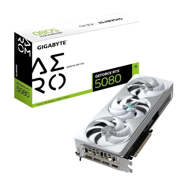 Gigabyte GeForce RTX 5080 AERO OC SFF 16G, 2730 MHz, CUDA 10752, 30 Gbps, GDDR7, 256 bit, PCI-E 5.0, PSU 850W, DisplayPort 2.1b x3 HDMI 2.1b x1