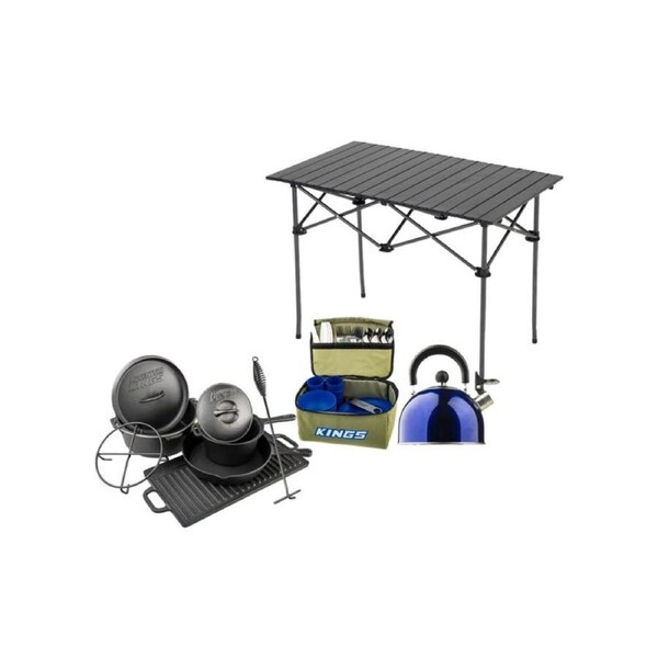 Aluminium Roll Up Camping Table + Camping Kettle + COOK POT SET + Picnic Set - 37 Piece