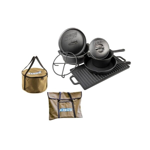 Campfire Cooking Kit - Dutch Oven, Skillet, Griddle, Saucepan, Trivet & Lid Lifter and canvas bags