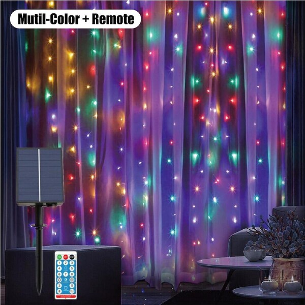3x3m 300 LED Solar Power Curtain Lights Fairy String Outdoor Xmas Party Garden Colourful