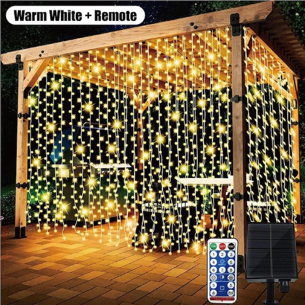 3x3m 300 LED Solar Power Curtain Lights Fairy String Outdoor Xmas Party Garden Warm White