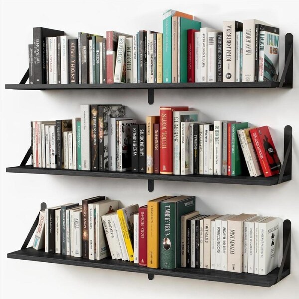 DelSol Floating Shelves 91.5cm Long,Set of 3 Large Wall Shelf for Bedroom, Heavy Duty Wall Mounted Bookshelf-Black