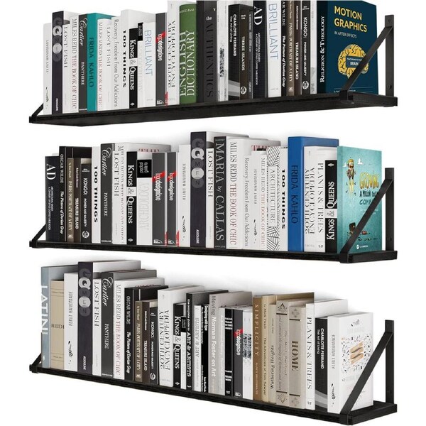 DelSol Floating Shelves Wall Mounted Set of 3, Rustic Wood Storage Display Wall Shelves for Home Decor-Black