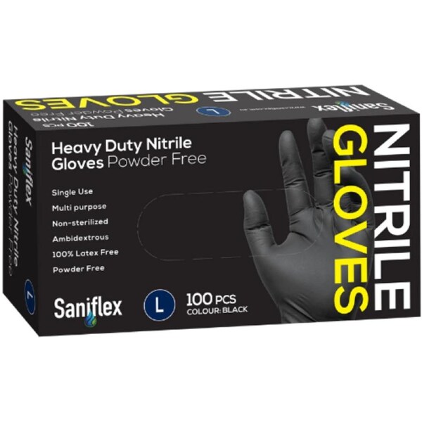 Saniflex Heavy Duty Black Nitrile Gloves Large 100/box