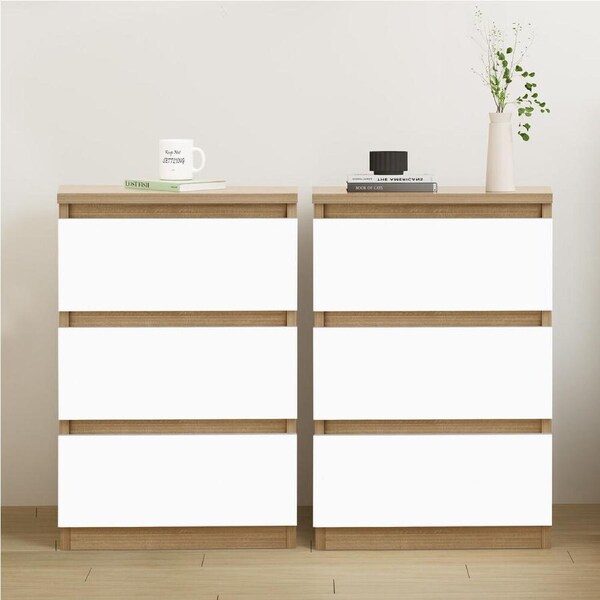 ALFORDSON Set of 2 Bedside Table 3 Drawers Wood and White