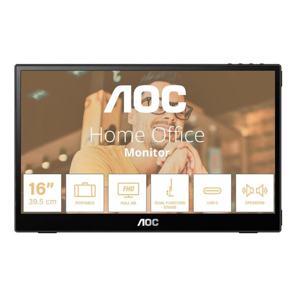 AOC 15.6inch FHD IPS 1920x1080 16:9, 800:1 Contrast 230 Nits 2x USB-C 1x Mini HDMI 2.0 1Wx2 Speakers Foldable Smart Cover VESA Mount Portable Monitor