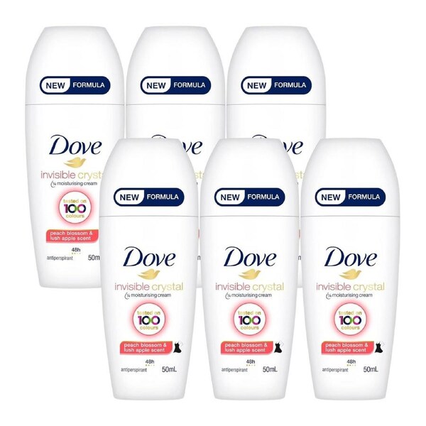 Dove Invisible Dry Roll-On Deodorant 50 mL – Pack of 6 (Anti-White Marks)